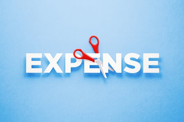 Red scissors cutting the word expense over blue background. Cutting costs concept.